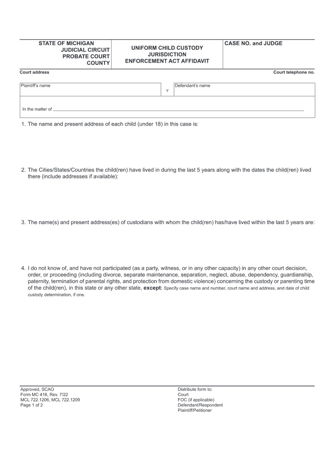 UCCJEA Affidavit Michigan - Download Official PDF