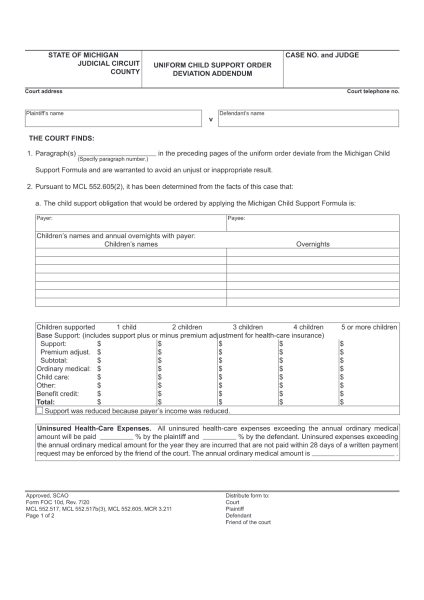 Wisconsin Child Support Order Examples Uniform Child Support Order Deviation Addendum - Download Official PDF